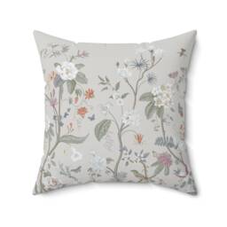 Chinoiserie Floral Pillow Cover - Soft Faux Suede Fabric Pretty Asian Pattern Oriental Dove Grey Beige Decorative Cushion - thumbnail 1