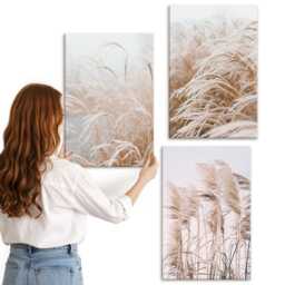Canvas Wall Art Set Of 3 - Fields Grass in Delicate Shades Brown & Beige, Beige Print, Plants Flowers Hanging Piece - thumbnail 2