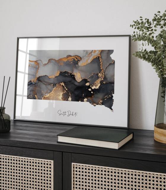 South Dakota Map Black & Gold Wall Art Print Us State - Usa United States Of America - image 1