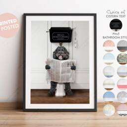 Black Cockapoo Dog On Toilet With Newspaper, Victorian Toilet, Funny Bathroom Print, Animal Paper, Whimsy - thumbnail 2