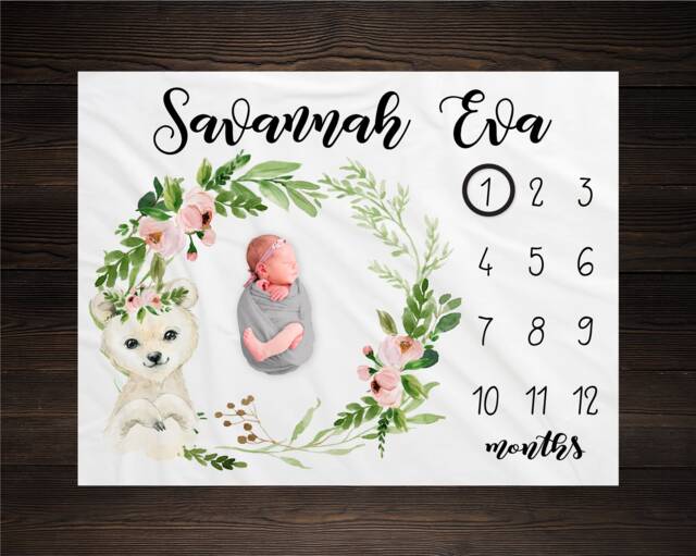 Bear Baby Milestone Blanket, Monthly Growth Tracker, Personalized Custom Shower Gift, New Girl - image 1