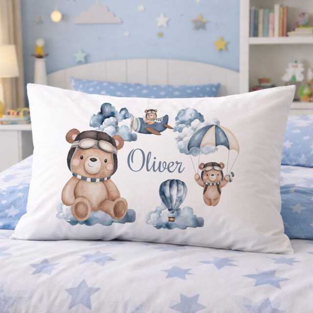 Personalised Teddy Bear Pillow Cover, Baby Boy Nursery Cushion, White Pillowcase With Zip, Custom Name Gift - image 1