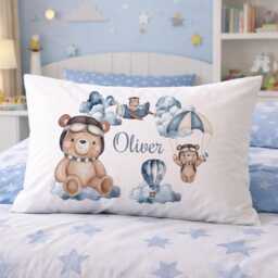 Personalised Teddy Bear Pillow Cover, Baby Boy Nursery Cushion, White Pillowcase With Zip, Custom Name Gift - thumbnail 1