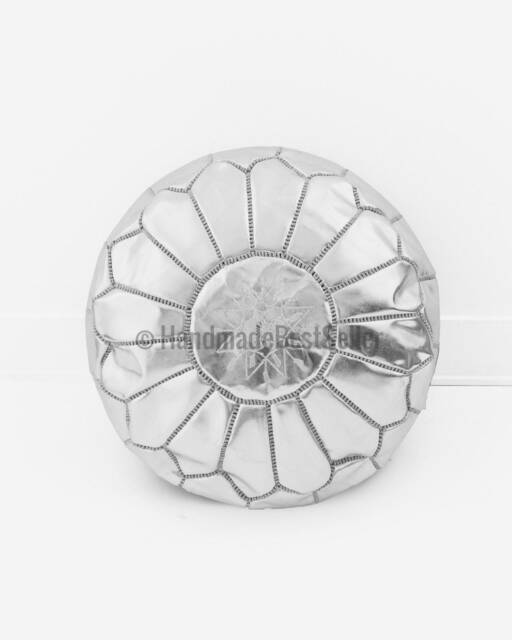 Handmade Silver Moroccan Leather Pouf Boho Ottoman Footstool - image 1