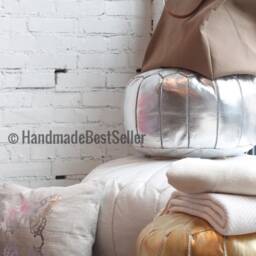 Handmade Silver Moroccan Leather Pouf Boho Ottoman Footstool - thumbnail 2