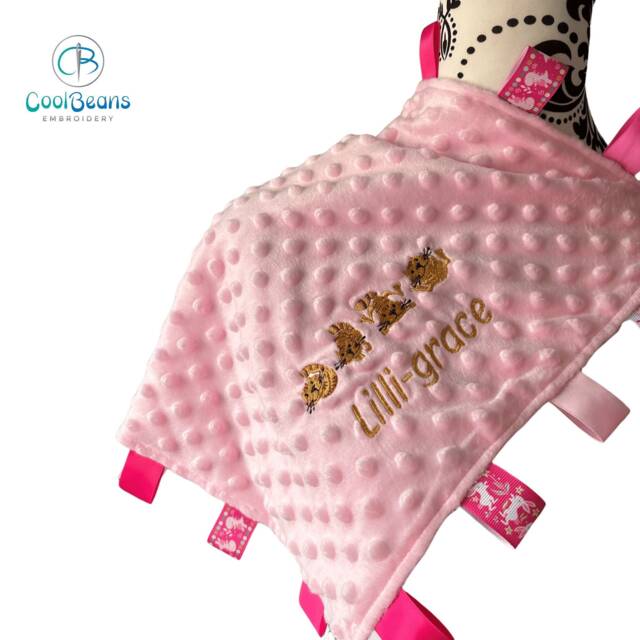 Personalised Baby Taggy Blanket - Embroidered Name & Cats 35cm X Comforter Blanket - image 1