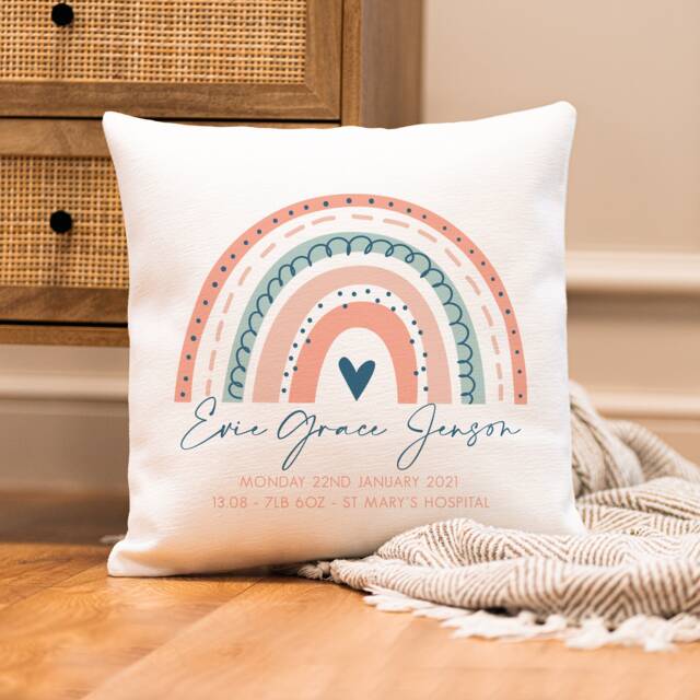 Personalised Rainbow Baby Cushion - Nursery Pillow Gift UK - image 1