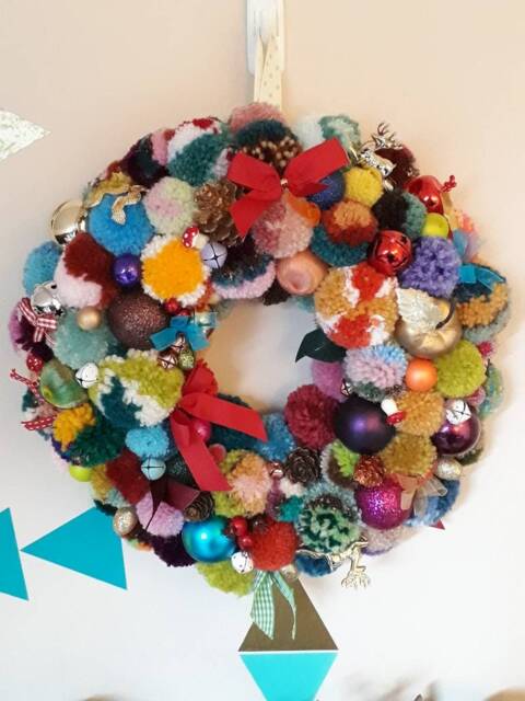Christmas, Yule Or Winter Pompom Wreath. 350mm Diameter. A Glitzy, Glamorous, Unique Hand-Made Decoration. Wreath #4 - image 1