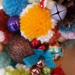 Christmas, Yule Or Winter Pompom Wreath. 350mm Diameter. A Glitzy, Glamorous, Unique Hand-Made Decoration. Wreath #4 - thumbnail 2