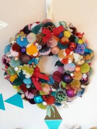 Christmas, Yule Or Winter Pompom Wreath. 350mm Diameter. A Glitzy, Glamorous, Unique Hand-Made Decoration. Wreath #4 - thumbnail 1