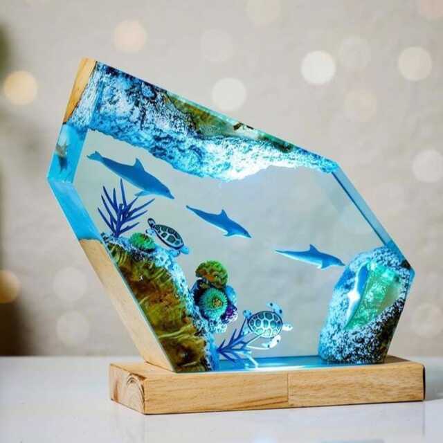 Ocean-Themed Dolphin & Turtle Resin Art Lamp - Handmade Epoxy Night Light - image 1