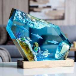 Ocean-Themed Dolphin & Turtle Resin Art Lamp - Handmade Epoxy Night Light - thumbnail 2