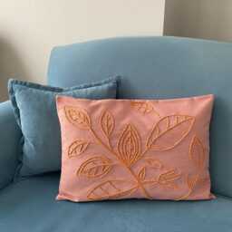 Handmade Punch Needle Pillow Cover Leaf Patterned Powder Pink Linen - 14x20 - thumbnail 2