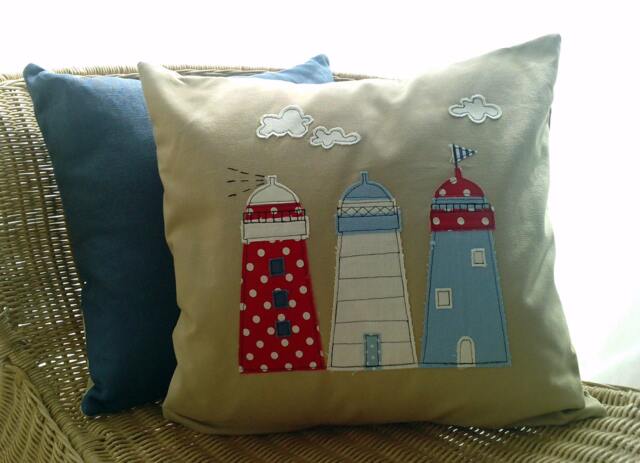Handmade Lighthouse Applique Cushion Cover Nautical Linen Pillow - image 1