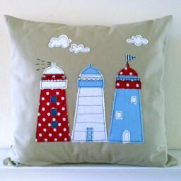 Handmade Lighthouse Applique Cushion Cover Nautical Linen Pillow - thumbnail 2