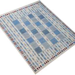 Handmade Scandinavian Kilim Rug Blue & Ivory Boho Decor - thumbnail 4