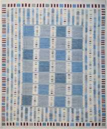 Handmade Scandinavian Kilim Rug Blue & Ivory Boho Decor - thumbnail 1