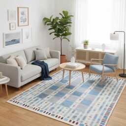 Handmade Scandinavian Kilim Rug Blue & Ivory Boho Decor - thumbnail 2