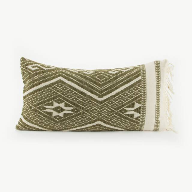 Handspun Tai Lu Kilim Style Pillow - Woven Cotton, Green Geometric - image 1