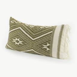 Handspun Tai Lu Kilim Style Pillow - Woven Cotton, Green Geometric - thumbnail 3