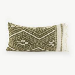 Handspun Tai Lu Kilim Style Pillow - Woven Cotton, Green Geometric - thumbnail 1