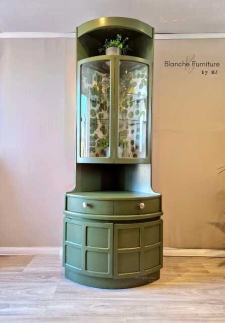 Tall Nathan Mid Century Modern Corner Drinks Cabinet - Olive Green Cocktail Display Unit - image 1