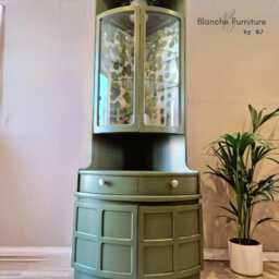 Tall Nathan Mid Century Modern Corner Drinks Cabinet - Olive Green Cocktail Display Unit - thumbnail 3