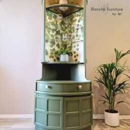 Tall Nathan Mid Century Modern Corner Drinks Cabinet - Olive Green Cocktail Display Unit - thumbnail 4