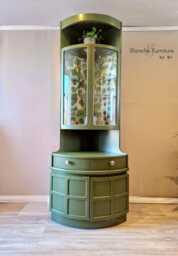 Tall Nathan Mid Century Modern Corner Drinks Cabinet - Olive Green Cocktail Display Unit - thumbnail 1
