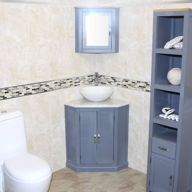 Grey Bathroom Vanity Unit Free Standing Corner Cabinet White Marble Basin 501Bgwmsbc - image 1