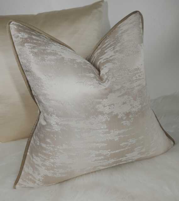 Neutral Oyster Beige Cushion Cover 17x17, Marble Pattern Luxury Pillow Cover, Textured Satin Piped Cushion, Modern Sofa Decorative - image 1