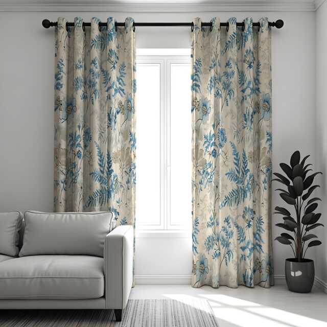 Blue Botanical Curtains, Soft Floral & Fern Print Drapes, Light Nature Window Panels - image 1