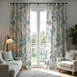 Blue Botanical Curtains, Soft Floral & Fern Print Drapes, Light Nature Window Panels - thumbnail 4