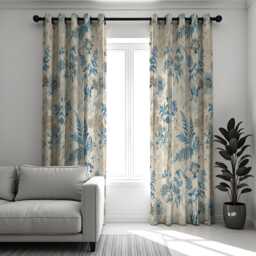 Blue Botanical Curtains, Soft Floral & Fern Print Drapes, Light Nature Window Panels