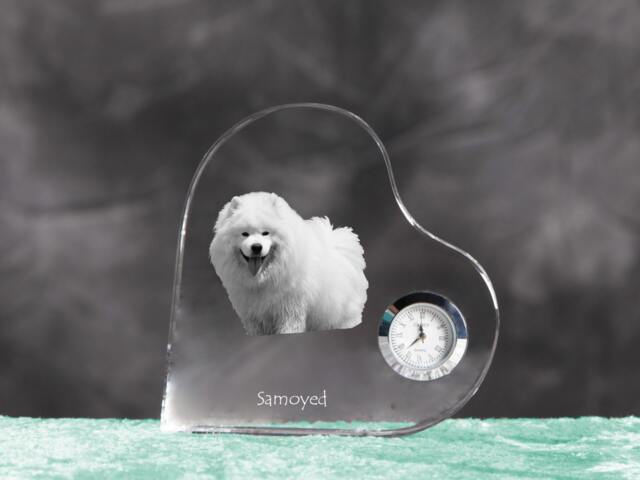 Samoyed - Crystal Clock in The Shape Of A Heart With Image Pure-Bred Dog - image 1