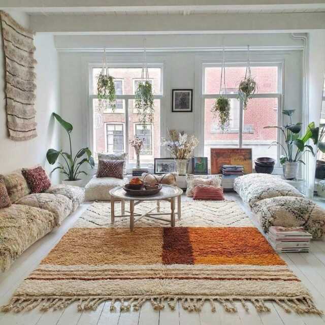 White Orange Striped Moroccan Rug, Wool Area Carpet, Shag Style Rug - image 1