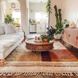 White Orange Striped Moroccan Rug, Wool Area Carpet, Shag Style Rug - thumbnail 3