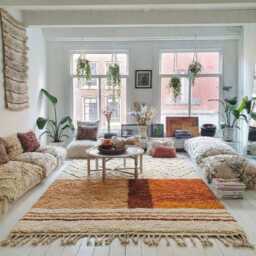 White Orange Striped Moroccan Rug, Wool Area Carpet, Shag Style Rug