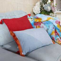 Chira Blue Orange Textured Oblong Cushion Cover With Cotton Fringe - thumbnail 2