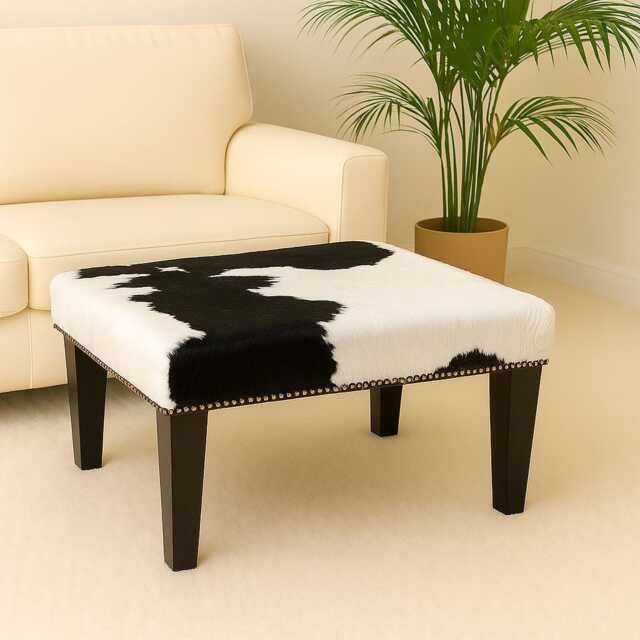 Black & White Cowhide Footstool, Modern Tapered Leg, 316 - image 1