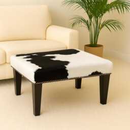 Black & White Cowhide Footstool, Modern Tapered Leg, 316 - thumbnail 1