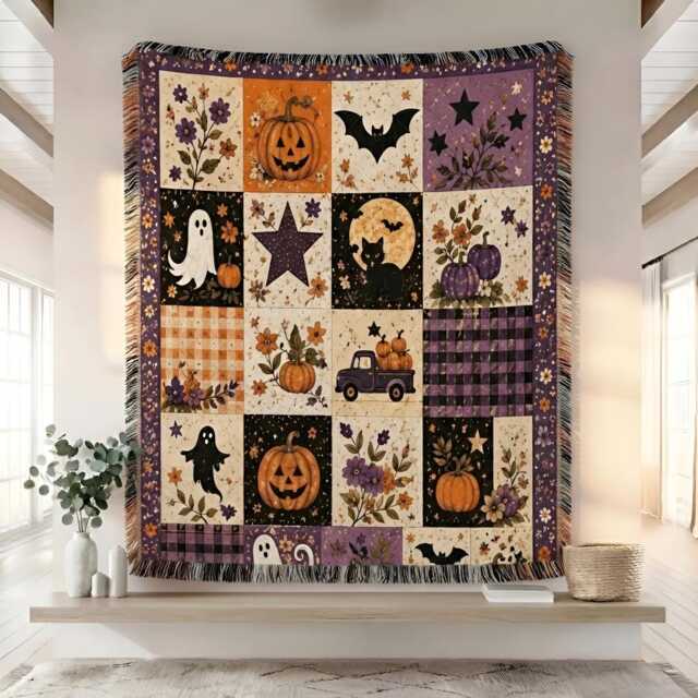 Halloween Ghost Woven Blanket, Quilt Pumpkin Patchwork Fall Farmhouse Decor - image 1