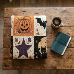 Halloween Ghost Woven Blanket, Quilt Pumpkin Patchwork Fall Farmhouse Decor - thumbnail 3