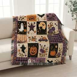 Halloween Ghost Woven Blanket, Quilt Pumpkin Patchwork Fall Farmhouse Decor - thumbnail 2