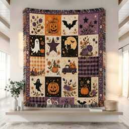 Halloween Ghost Woven Blanket, Quilt Pumpkin Patchwork Fall Farmhouse Decor - thumbnail 1