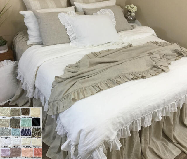 Linen Throw With Country Ruffles, Multiple Colors, Easy Bedroom Makeover Piece - image 1