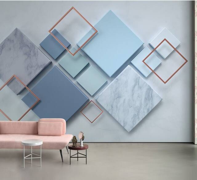 3D Geometric Wallpaper, Blue Marble Square Wall Mural, Peel & Stick - image 1