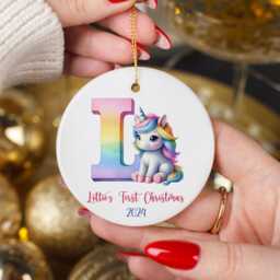 Rainbow Unicorn Initial Baby's First Christmas Ornament Personalized Newborn Gift
