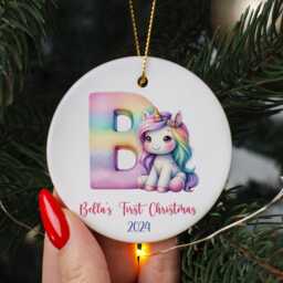 Rainbow Unicorn Initial Baby's First Christmas Ornament Personalized Newborn Gift - thumbnail 3