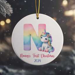 Rainbow Unicorn Initial Baby's First Christmas Ornament Personalized Newborn Gift - thumbnail 4